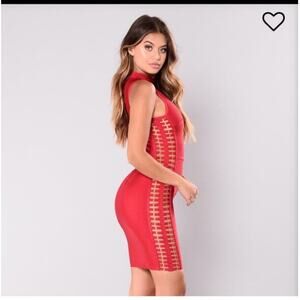Fashion Nova Deep Red Gold Ring Open Sides Mock Neck Mini Bandage Dress Womens M